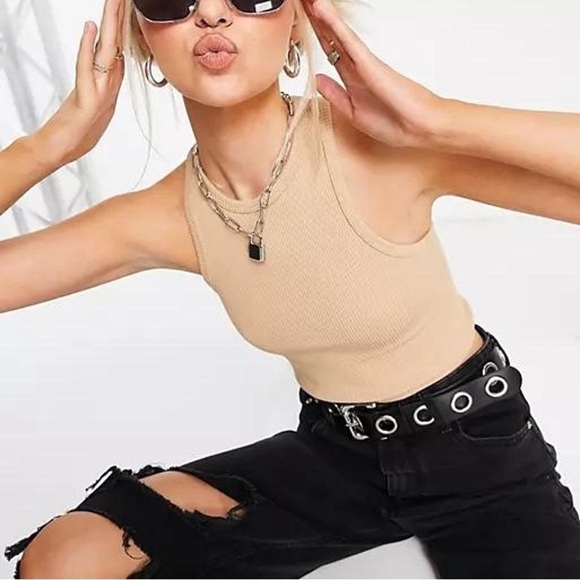 Seamless Ribbed Racer Tank in Tan - Picture 3 of 6